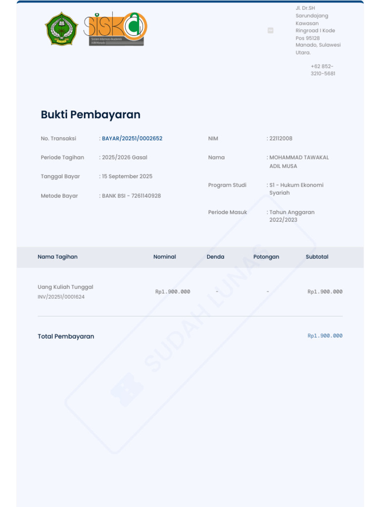Bukti Pembayaran Uang Kuliah S1 Hukum | PDF
