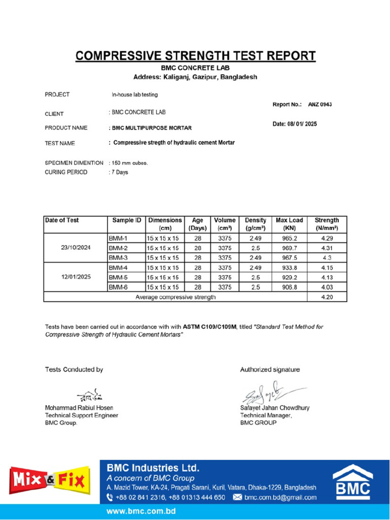 Compressive Strength Test Report BMC Multipurpose Mortar | PDF