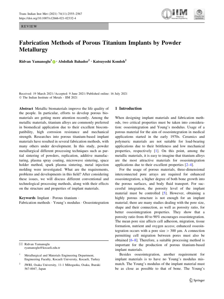 Porous Titanium Implants: Fabrication Methods | PDF | Sintering | Porosity