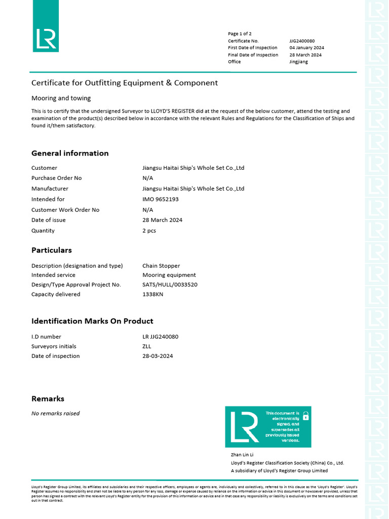 Chain Stopper LR Cert | PDF | Business | Private Law