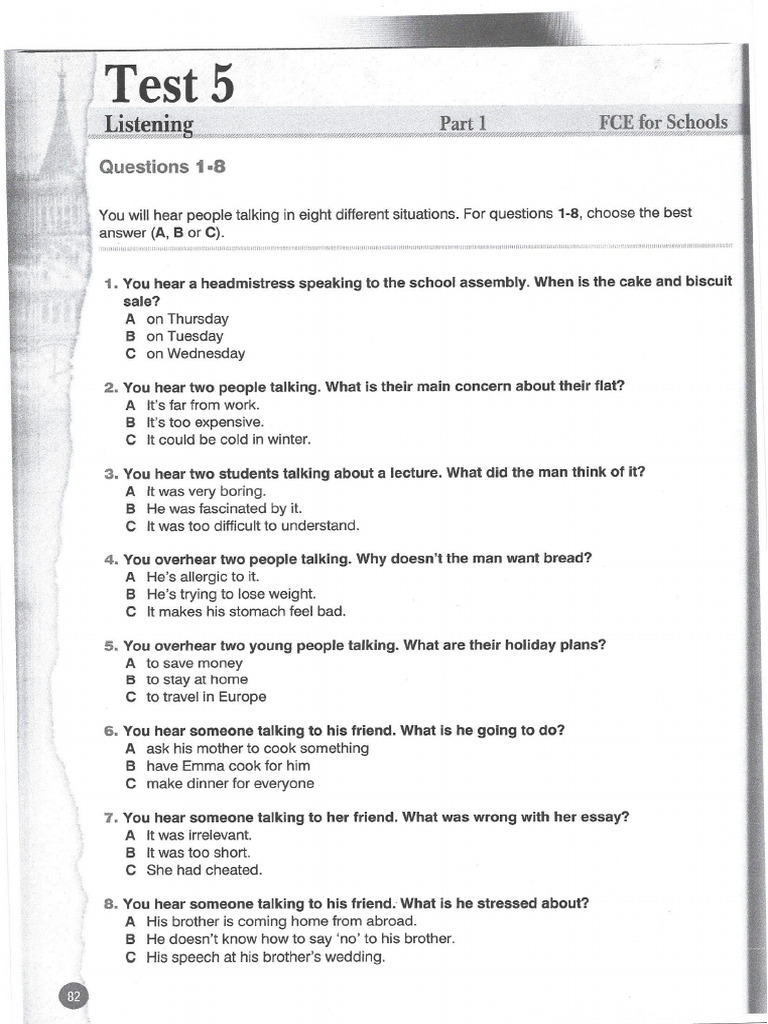 Test 5 FCE For Schools Listening Questions | PDF