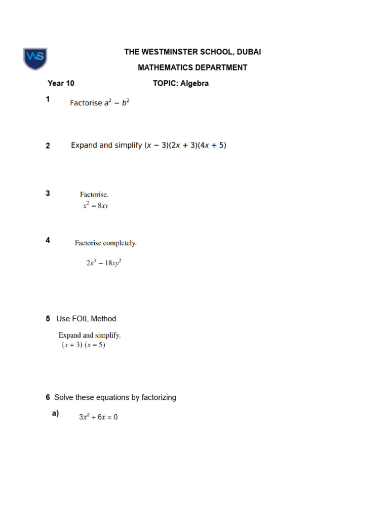 Year 10 Algebra Practice Exercises | PDF