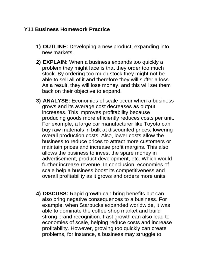 Y11 Business Homework Practice | PDF