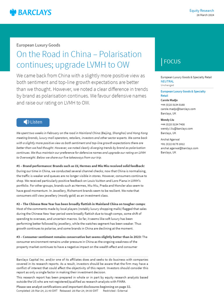 European Luxury Goods - On The Road in China - Polarisation Continues ...