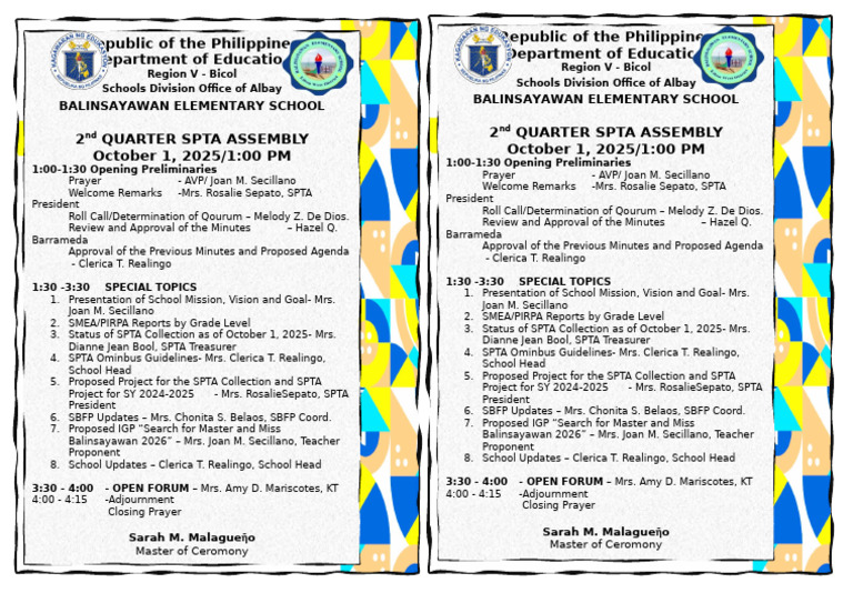 Balinsayawan Elementary SPTA Assembly Agenda | PDF | Chess Theory | Chess