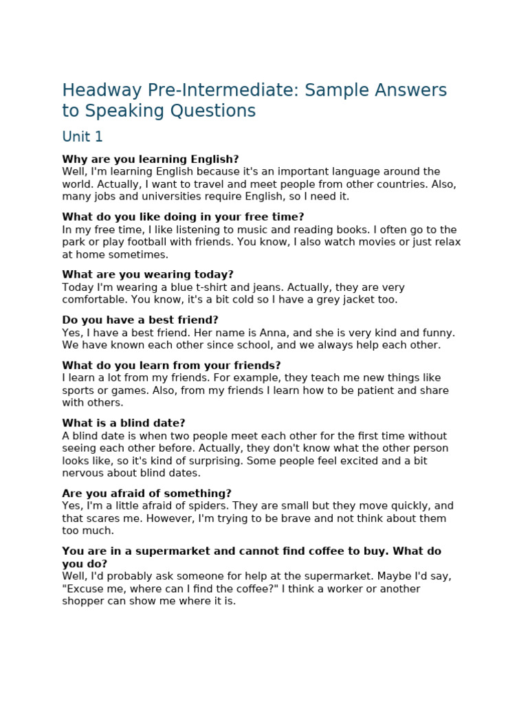 Pre-Intermediate Speaking Answers | PDF | Foods | Healthy Diet