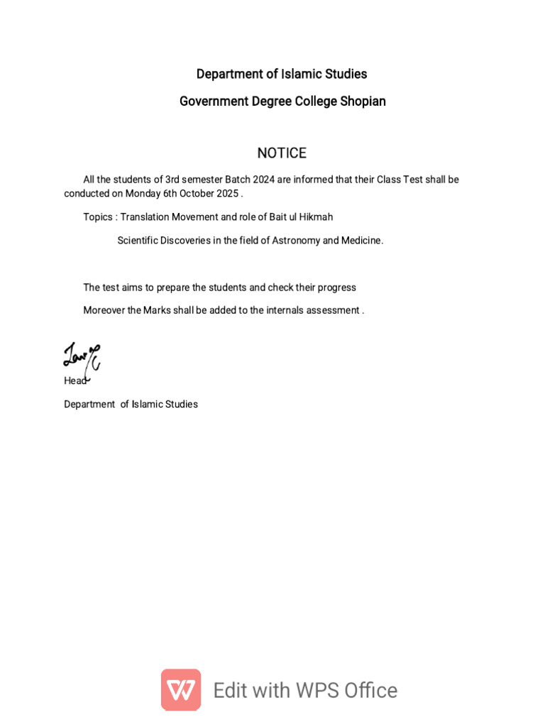3rd Semester Class Test Notice 2025 | PDF