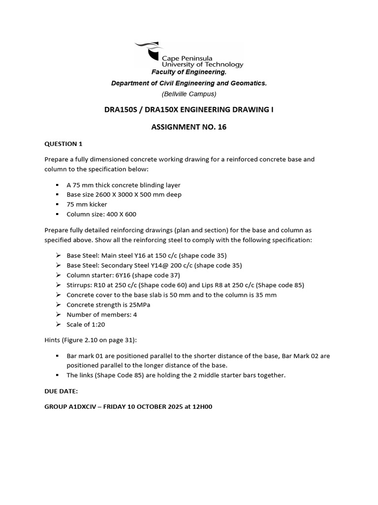 Concrete Base and Column Drawing Assignment | PDF