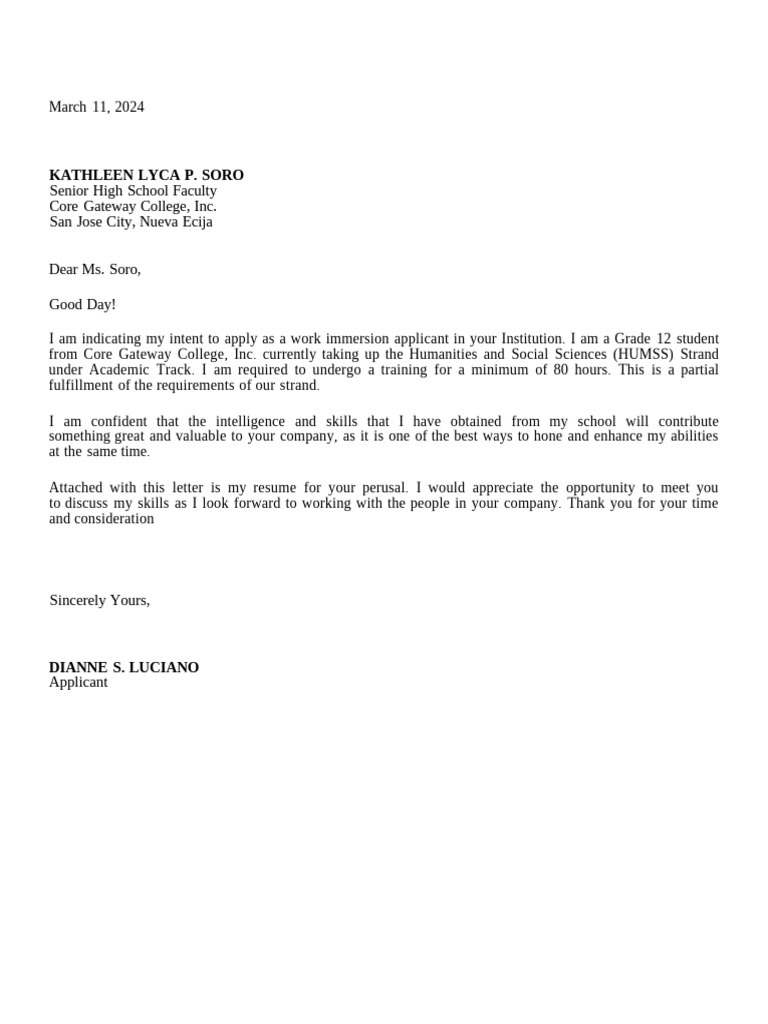 Work Immersion Application Letter | PDF