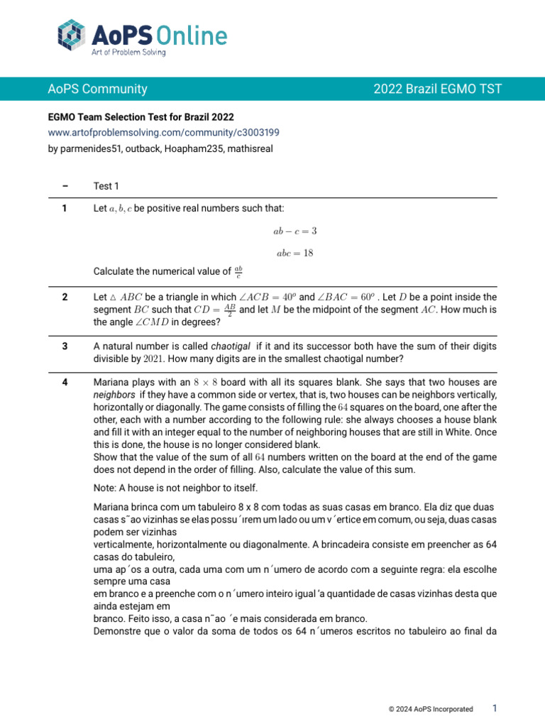 Aops Community 2022 Brazil Egmo TST | PDF | Mathematics | Euclidean ...