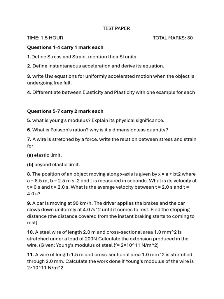 Physics Test Paper on Motion and Materials | PDF