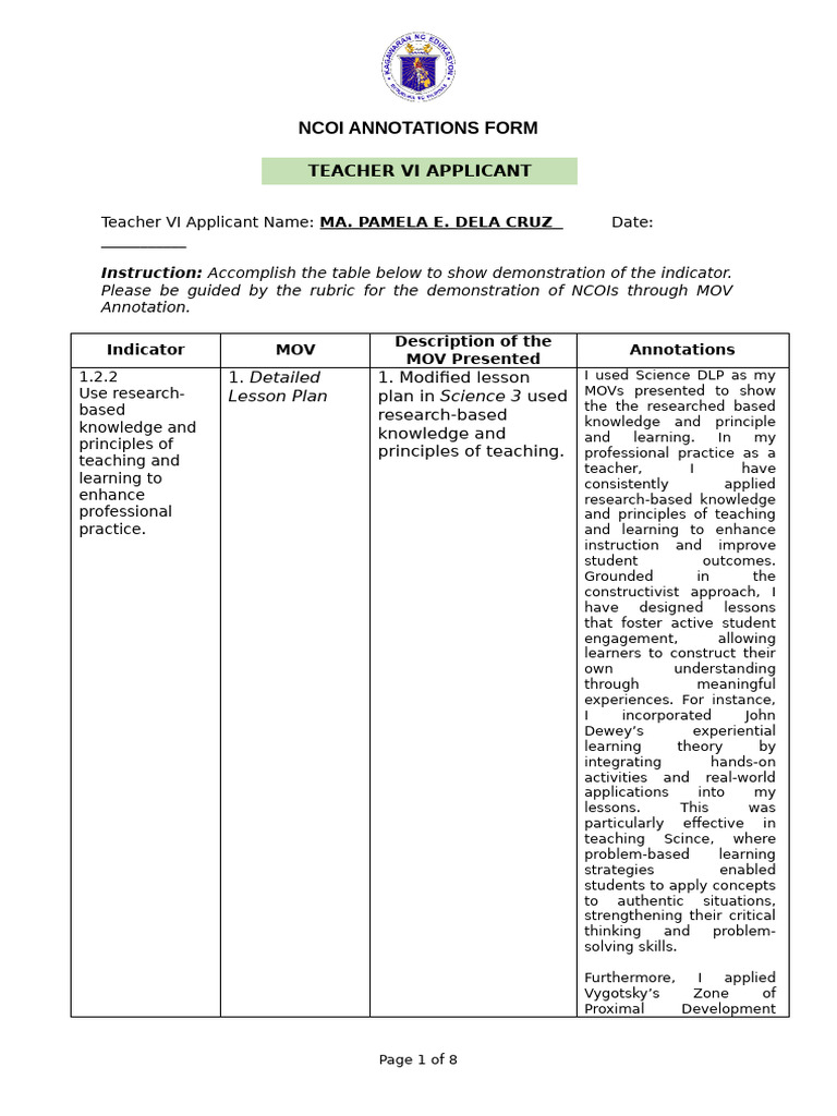 NCOI Annotations Form For Teacher VI Applicant | PDF | Educational ...