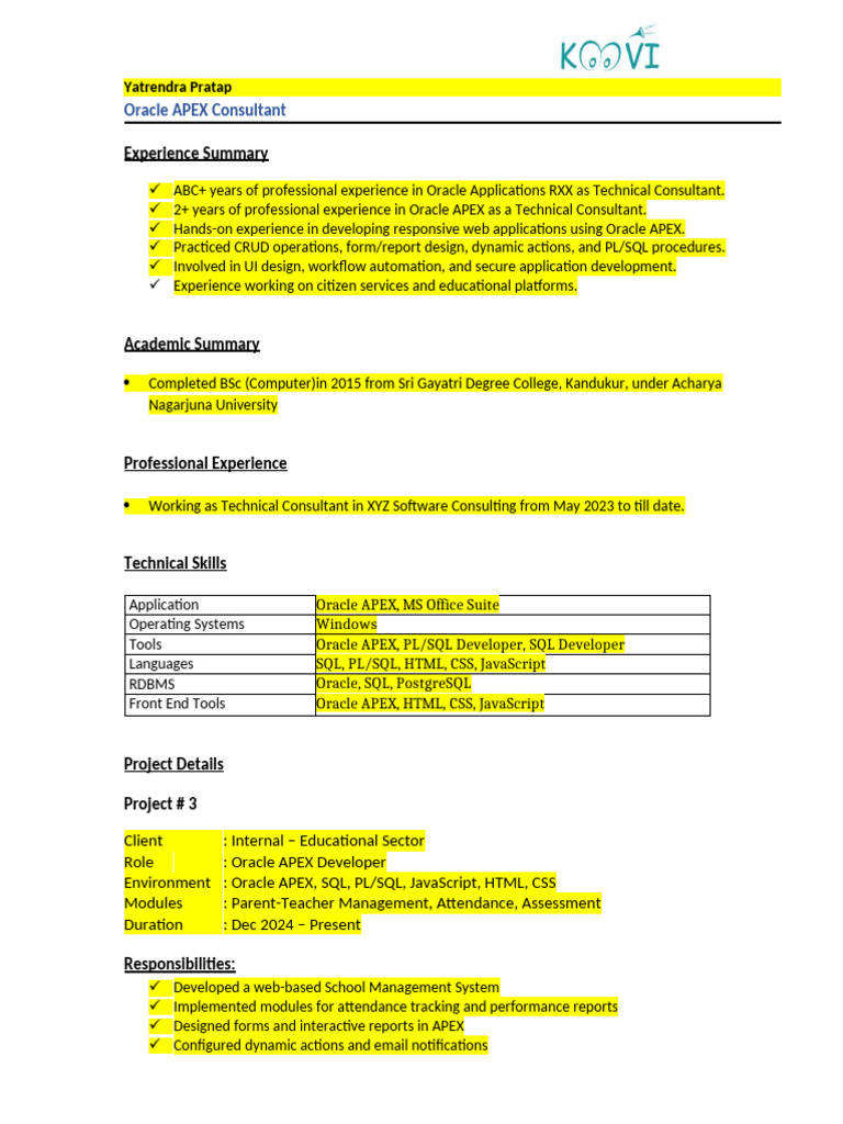 Oracle APEX Consultant Experience Summary | PDF