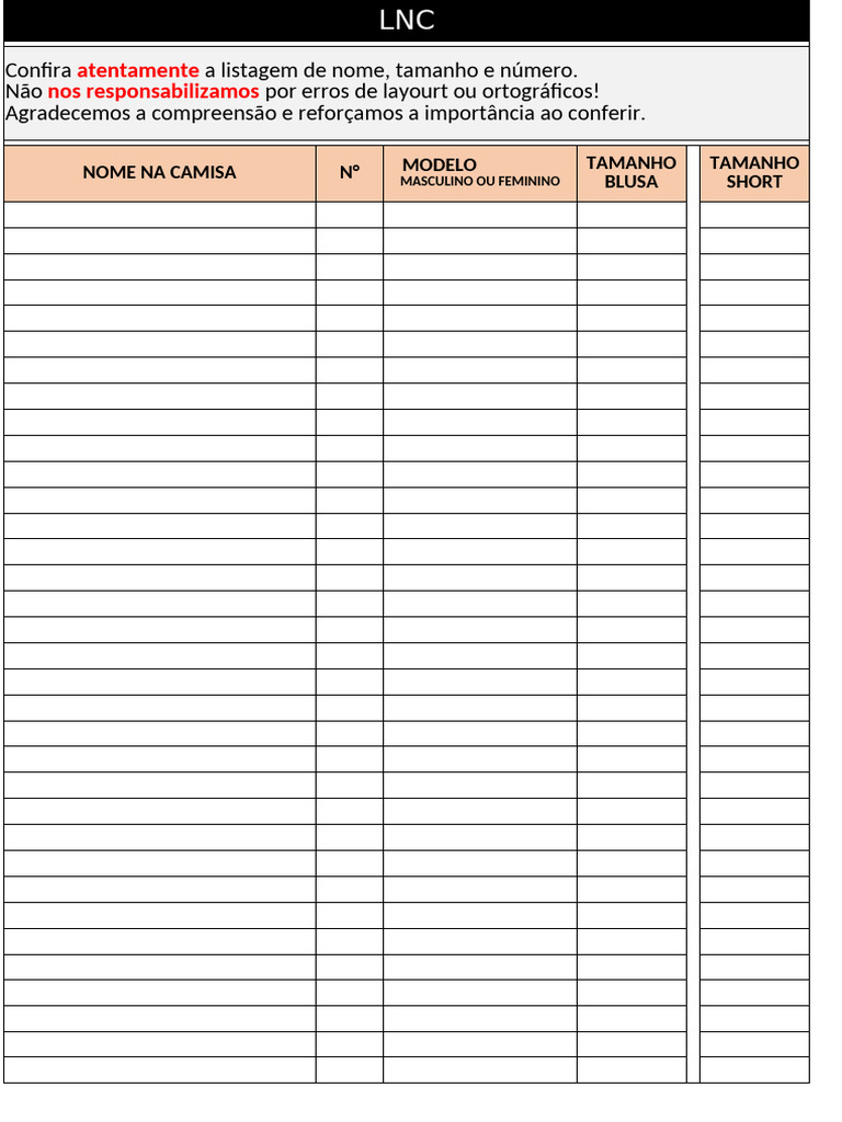 Listagem de Nomes e Tamanhos de Roupas | PDF