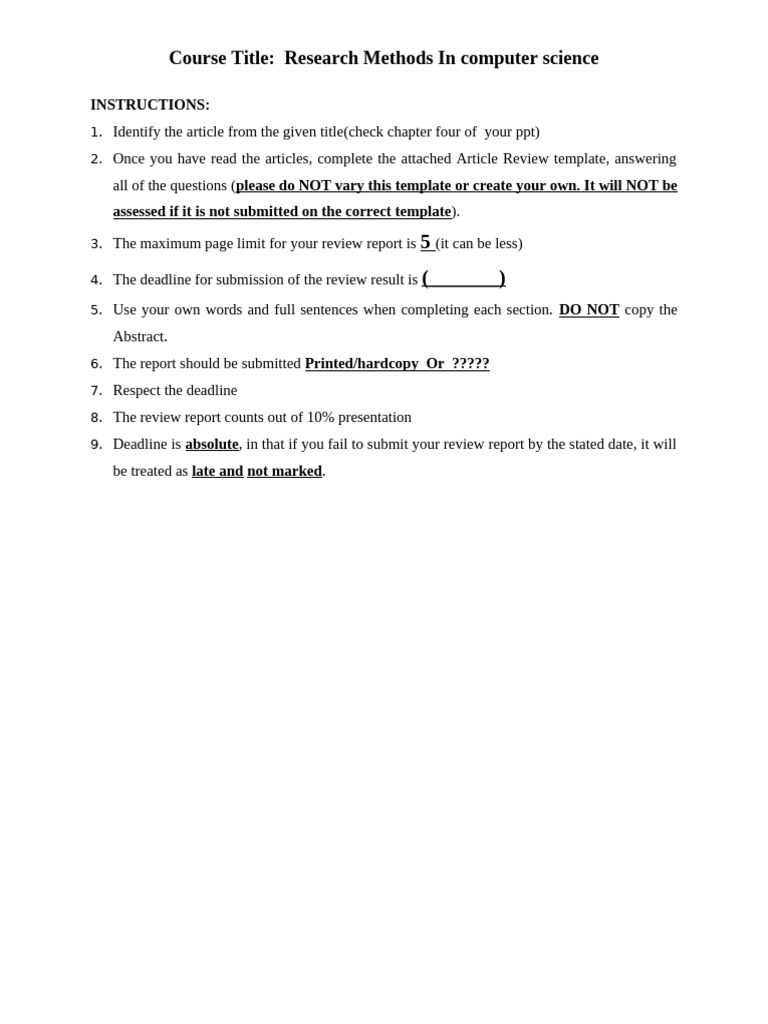 Article Review Template for CS Research Methods | PDF