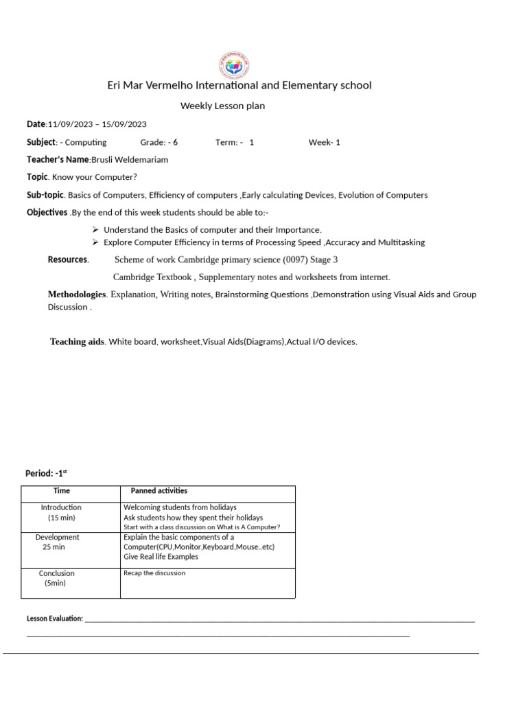 Grade 6 Computing Term 1 W.P 1. | PDF | Lesson Plan | Computing