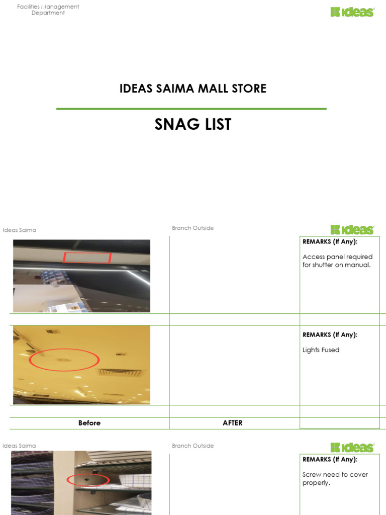 Ideas Saima Square One Store. Snag List (FMD Retail) | PDF