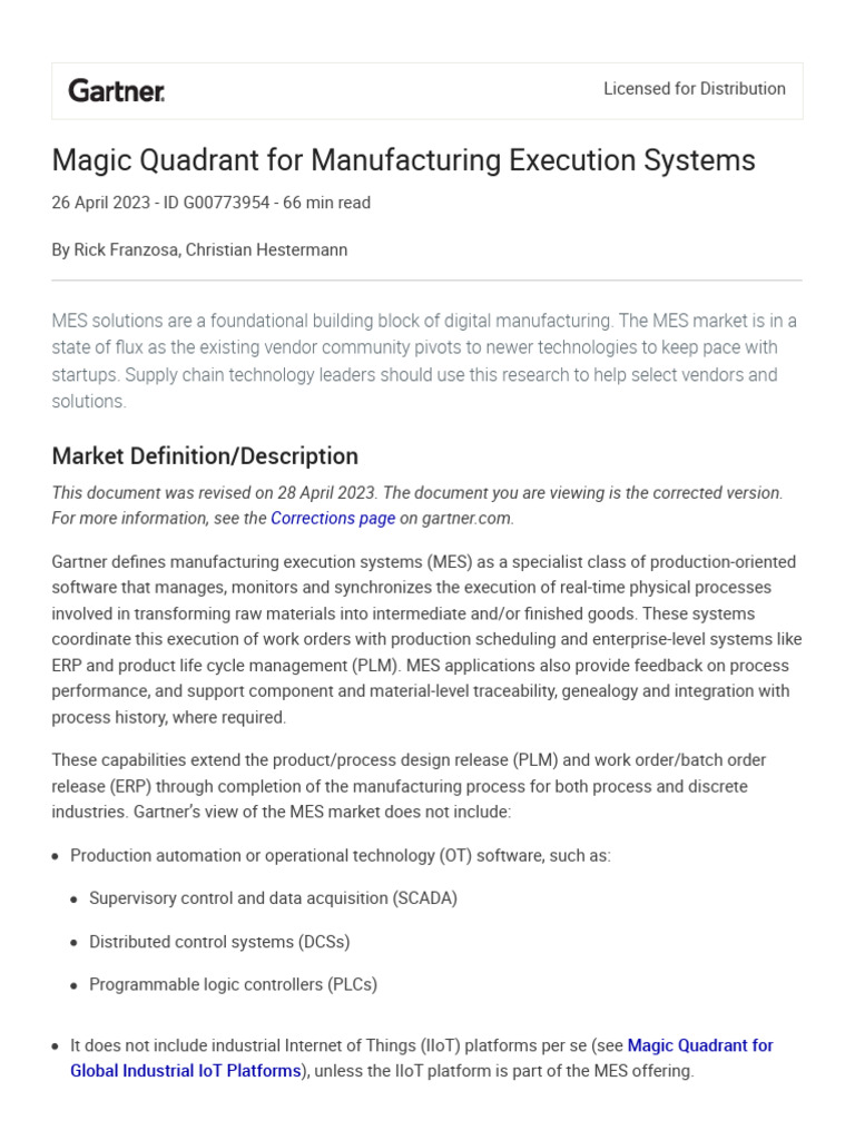 Gartner Reprint MagicQ MES | PDF | Cloud Computing | Software As A Service