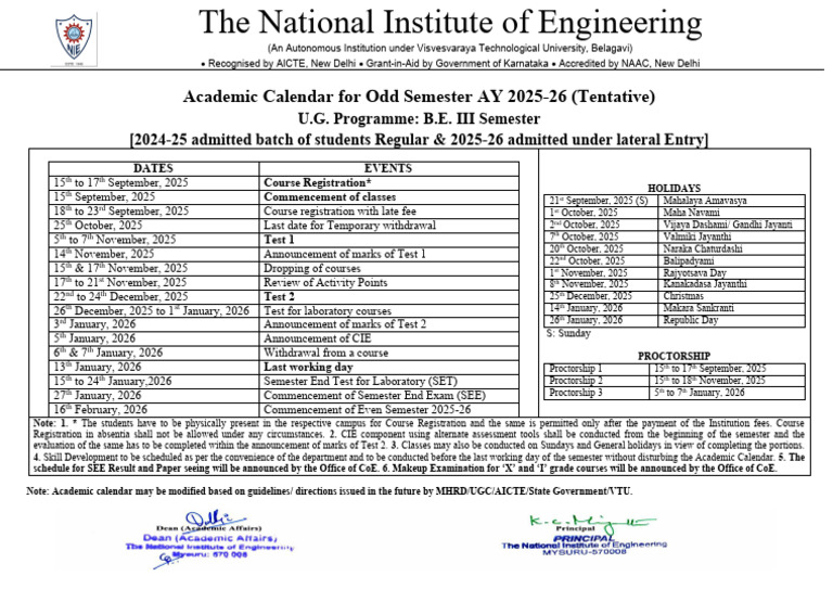 Academic Calendar B.E. III Semester 2025-26 | PDF | Academic Term ...