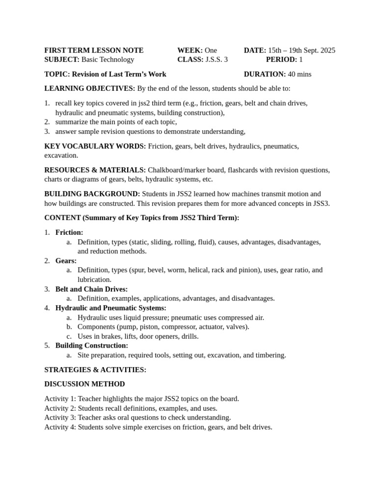 Jss3 Wk1 Basic Technology Pdf Gear Friction