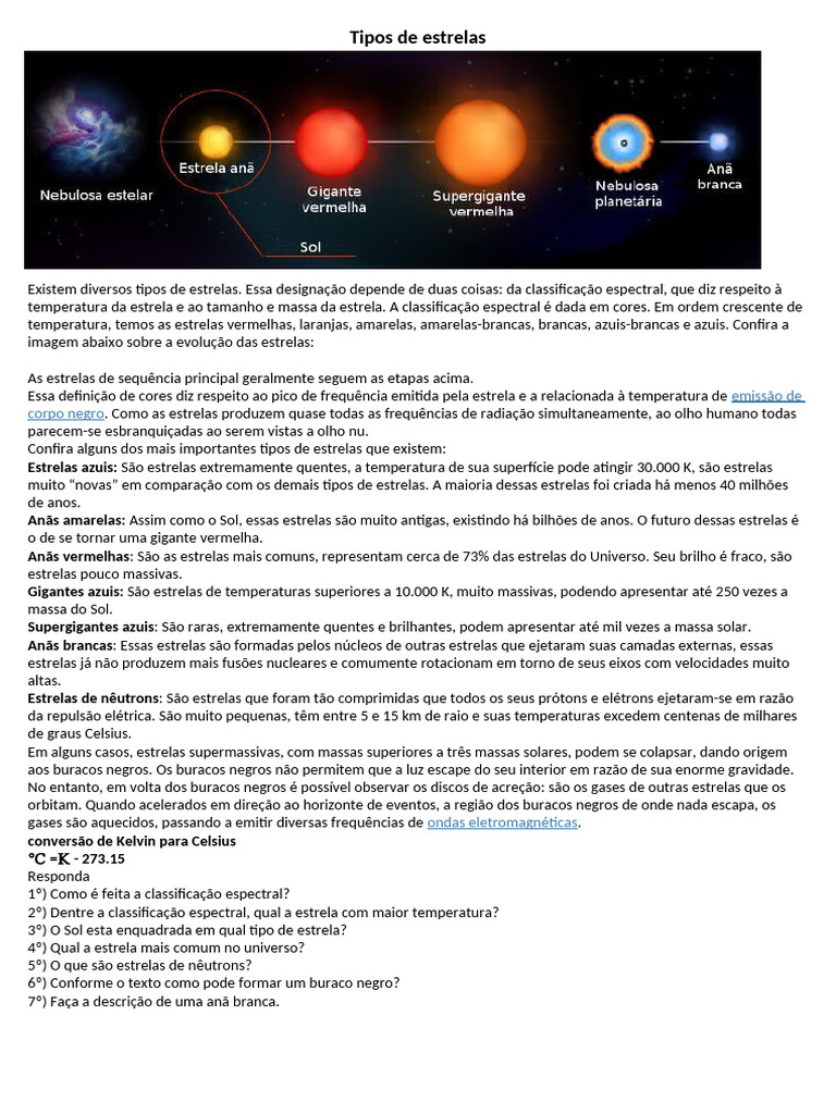 Tipos de Estrelas e Suas Características | PDF | Estrelas | Buraco negro