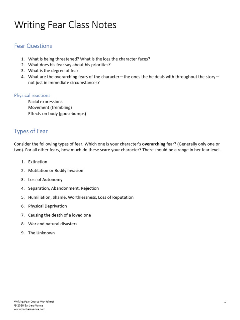 Writing Fear Class Worksheet | PDF | Fear | Psychology