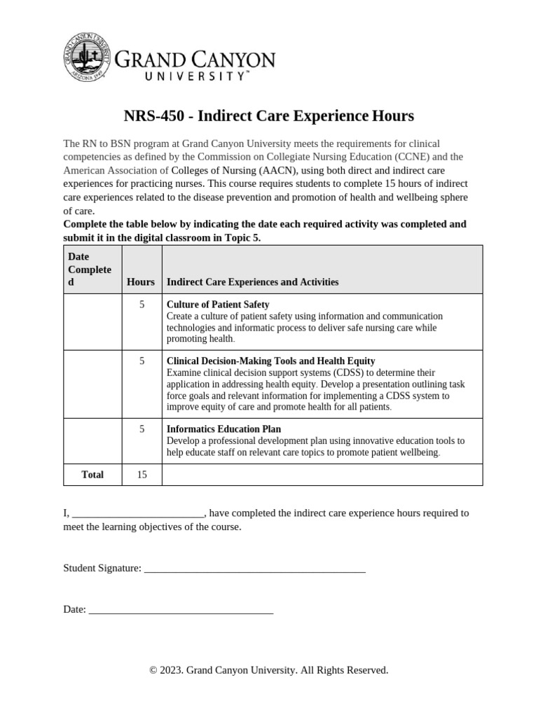 NRS 450 RS IndirectCareExperienceHours | PDF