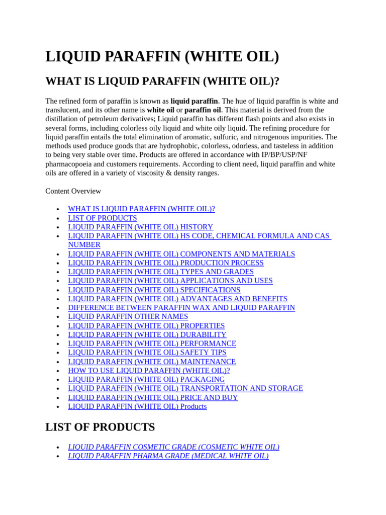 Liquid Paraffin: Properties and Uses | PDF | Alkane | Hydrocarbons