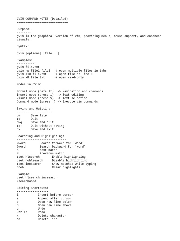 GVim Command Cheat Sheet | PDF | Software | Computing