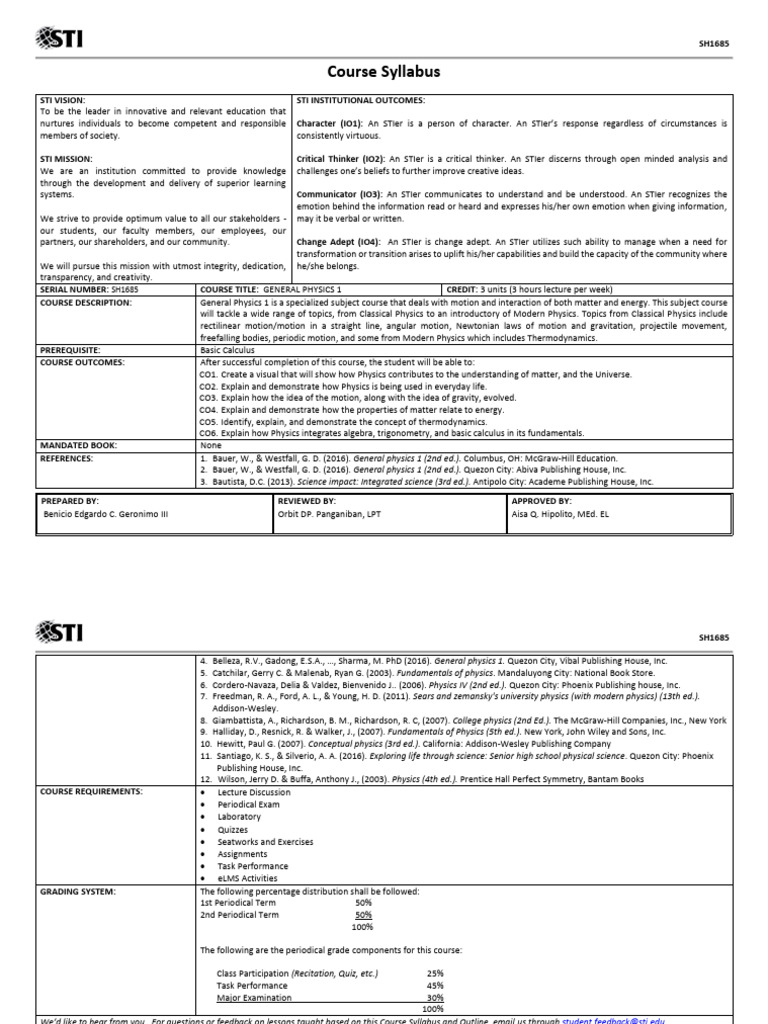 General Physics 1 Course Syllabus | PDF | Newton's Laws Of Motion | Force