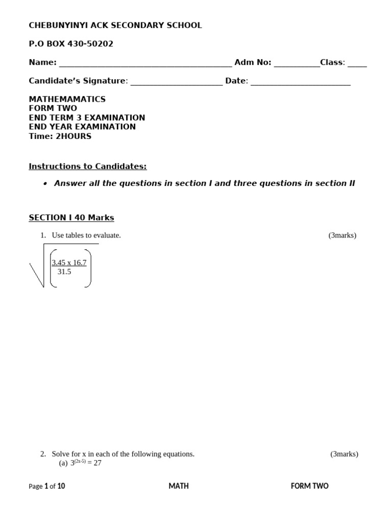 f2 Mathematics f2 Qs End t2 Teacher Co Ke 1 | PDF | Area | Elementary ...