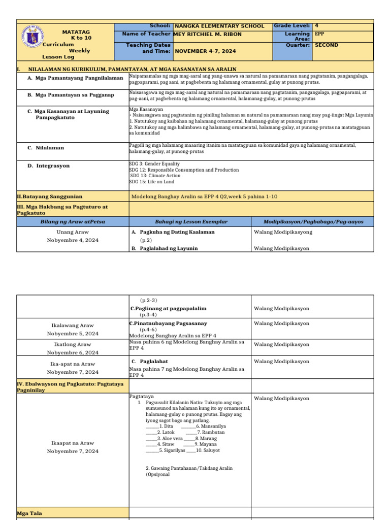 DLL Matatag - Epp 4 q2 w5 | PDF