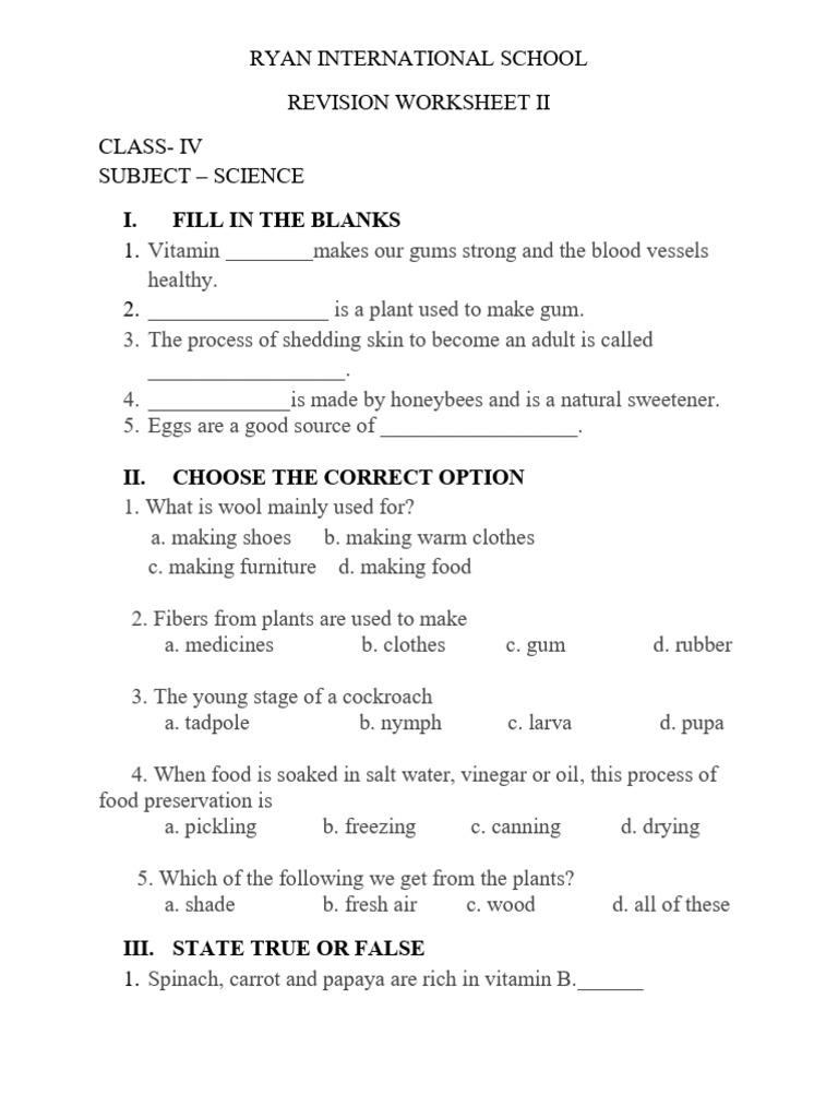 Class IV Science Revision Worksheet | PDF