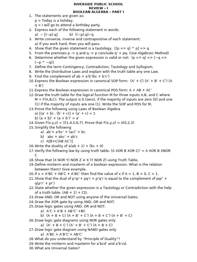 Revision I On Boolean Algebra | PDF | Boolean Algebra | Teaching ...