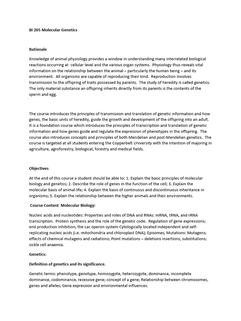 Molecular Genetics Course Overview | PDF | Dominance (Genetics) | Genetics