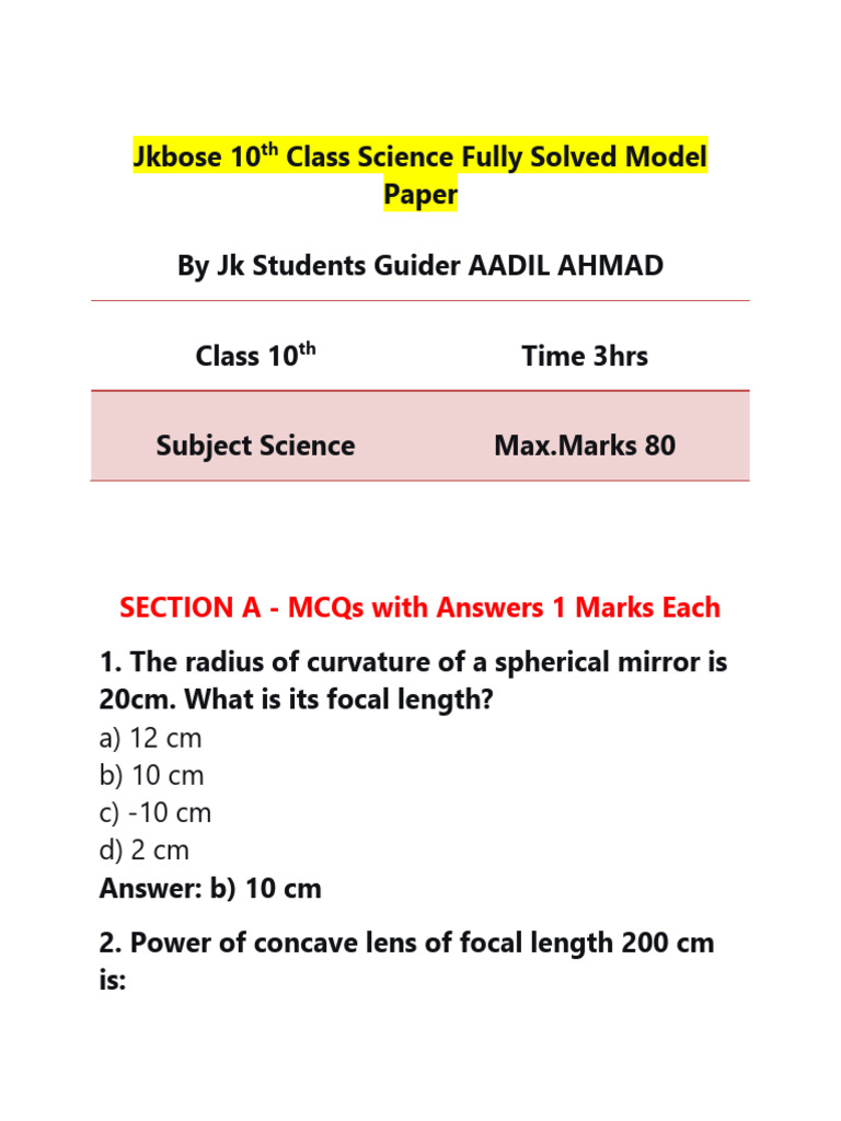 Jkbose Class 10 Science Model Paper | PDF