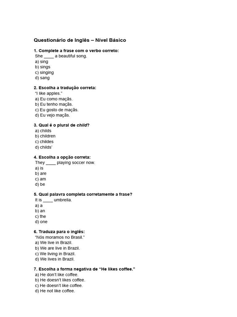 Questionário de Inglês Básico com Gabarito | PDF