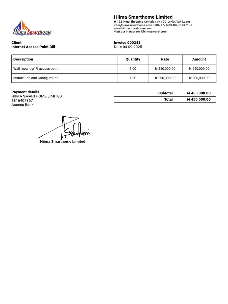 Hiima Smarthome Invoice #000248 | PDF