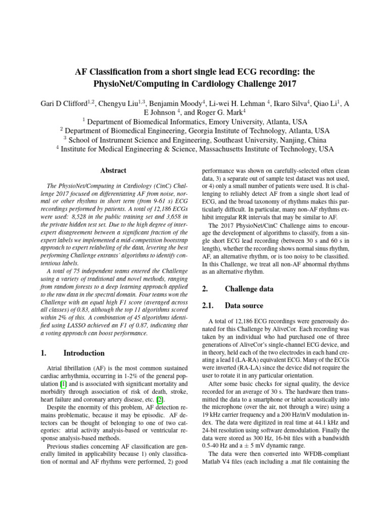 AF Classification from Short ECG Recordings | PDF | Electrocardiography ...