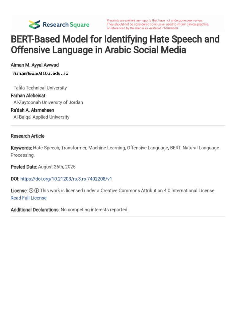 BERT for Arabic Hate Speech Detection | PDF | Deep Learning | Support ...