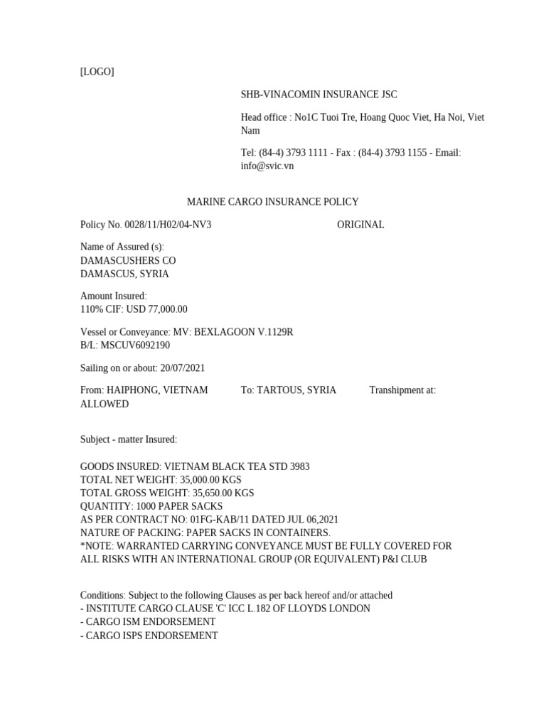 Marine Cargo Insurance Policy Details | PDF