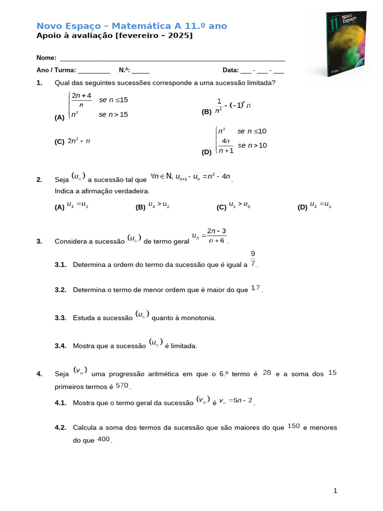 Avaliação de Matemática A 11.º Ano | PDF | Função (Matemática) | Matemática