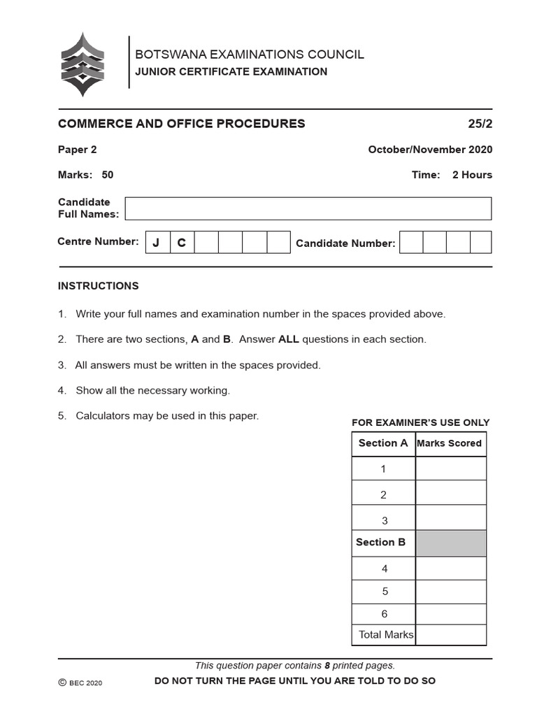 Botswana Junior Certificate Commerce Exam | PDF