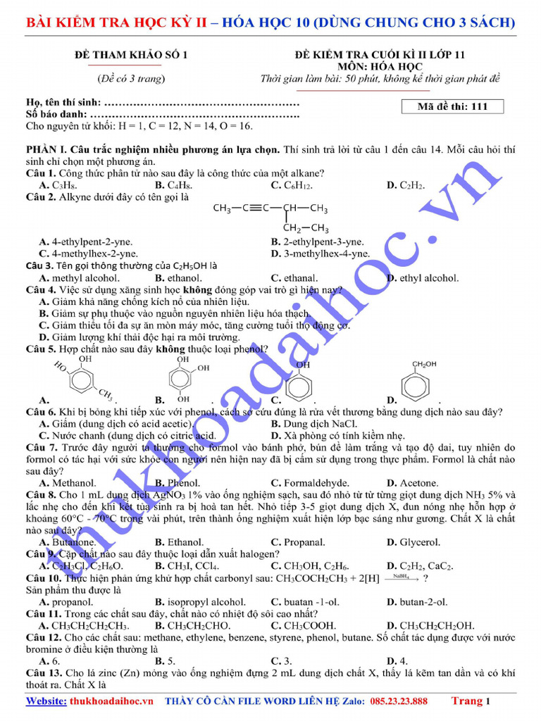 Bai Kiem Tra Cuoi Ky 2 Mon Hoa Hoc 11 2025 (Cv7991) de So 01 | PDF