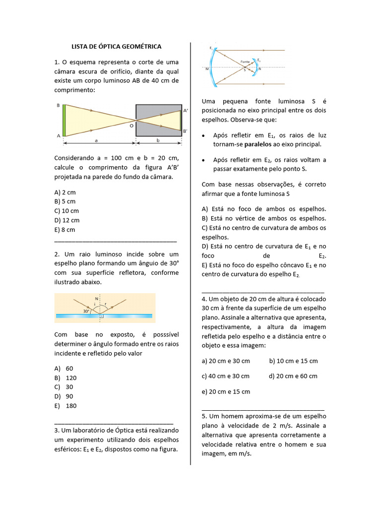 Exercícios de Óptica Geométrica | PDF | Espelho | Ótica