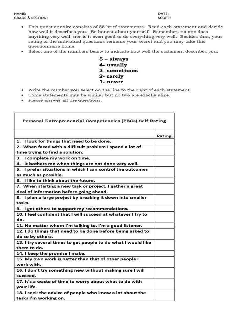 PEC Self-Rating Questionnaire Guide | PDF | Cognition | Psychological ...