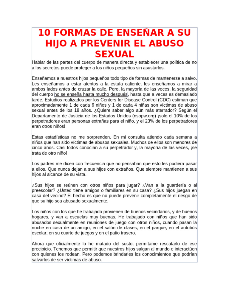 10 Formas de Enseñar A Su Hijo A Prevenir El Abuso Sexual | PDF ...