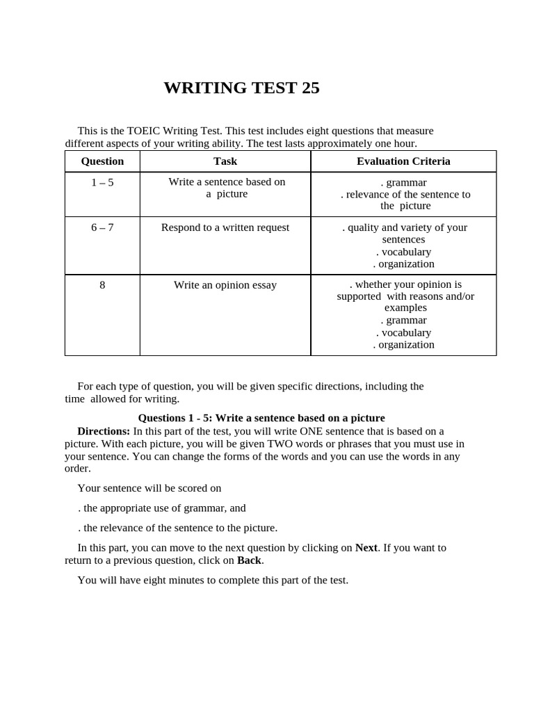 TOEIC Writing Test Overview and Tasks | PDF | Question | Sentence ...