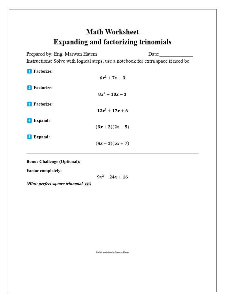 Math Worksheet Trinomials | PDF