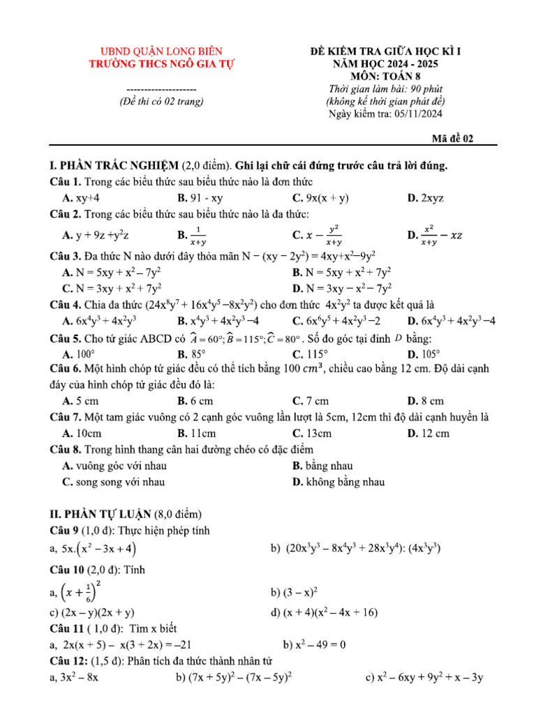 Đề GK 1 Ngô Gia Tự | PDF
